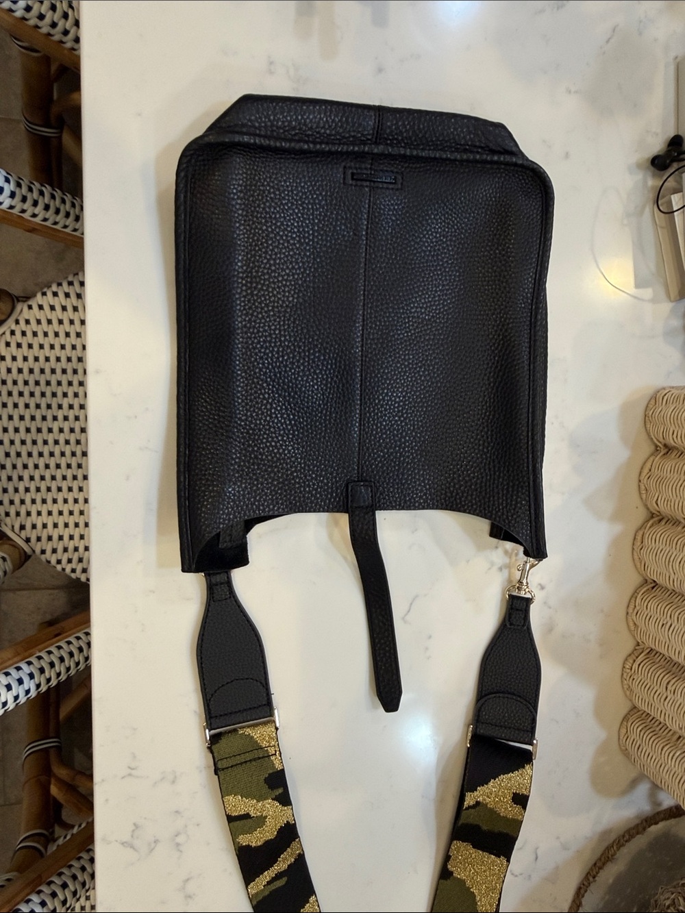 Rebecca Minkoff Black Leather Crossbody with Olive & Gold Camouflage Strap